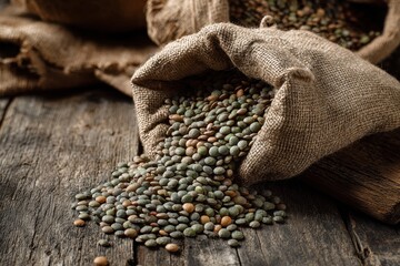 sack of green lentils on a wooden table