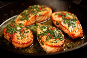 salmon fillets in a cast iron skillet