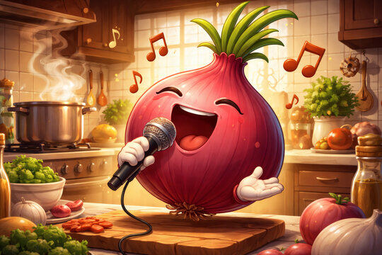 Purple onion cartoon character singing with a microphone in a kitchen setting. Happy food concept for culinary design and cooking content.