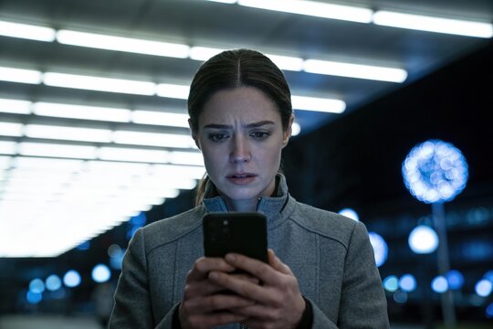 Concerned young woman reading urgent text message on smartphone at night in a modern illuminated corridor for security and anxiety concept.
