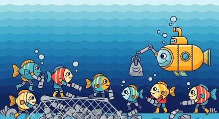 Cartoon fish cleaning up ocean pollution with a net and a yellow submarine collecting trash.