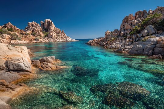 Rugged shoreline of Capo Testa Santa Teresa Gallura Sardinia Mediterranean in summer