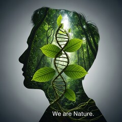 Double exposure silhouette of a man's head filled with a lush green forest and DNA helix.