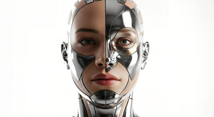 Split face portrait: human and futuristic chrome robot blend