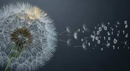 Dandelion seeds transforming into binary code, symbolizing digital data, technology, and information flow.