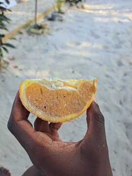 A piece of orange fruit with sand