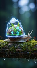 Enchanted snail with a glowing crystal terrarium shell containing luminous mushrooms and ferns on a mossy branch.