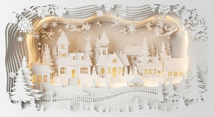 Beautiful layered paper art of a cozy winter village landscape with glowing houses and snowflakes.