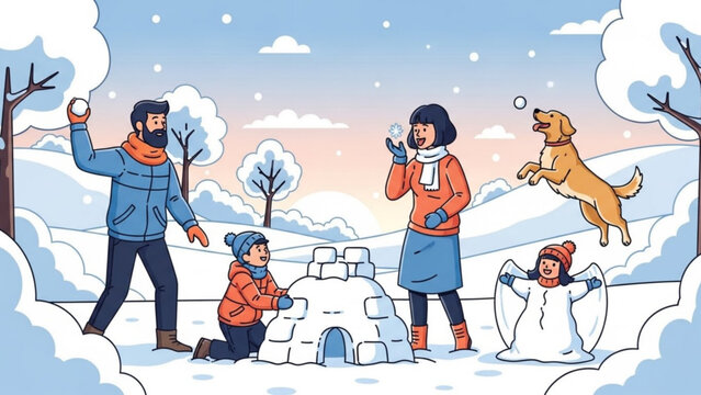 Family and dog playing in snow building an igloo and having a snowball fight winter outdoor activity illustration for holiday season