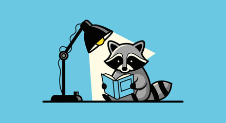 Cartoon raccoon reading under lamp light © Leomord