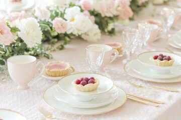 Elegant pastel table setting with raspberry tartlets and floral decoration