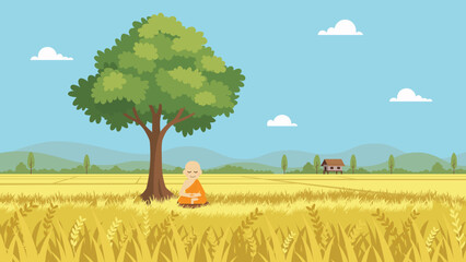 Spiritual Landscape with Meditating Monk Under a Tree in Rural Thailand flat design.