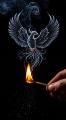 Hand lighting a match, illuminating a powerful smoky phoenix rising from the flames on black.