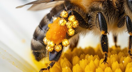 Extreme macro close-up of a bee with glowing pollen baskets collecting nectar on a white flower.