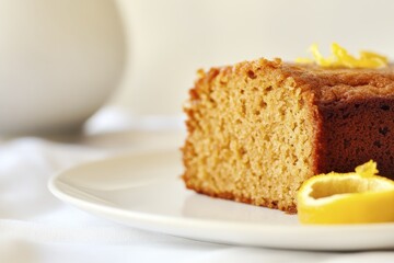 Delicious lemon sponge cake slice on plate with citrus zest garnish