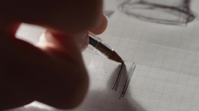 Close-up of hand shading a detailed pencil sketch on paper.