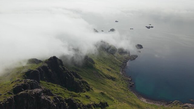 Nonstinden Mountain Ridge, Reineveien, Ballstad, Norway - Aerial Drone Shot
