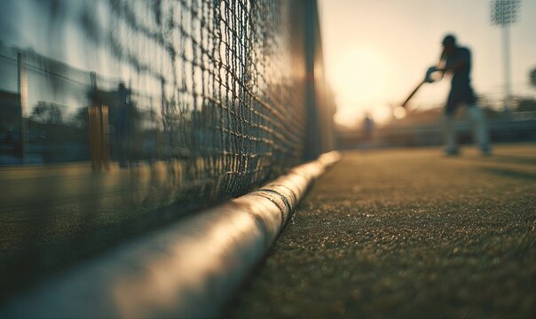Cricket Batsman Practicing Shot in Training Nets During Evening Light,Professional Cricket Net Practice with Batsman Hitting Ball,Cricket Training Session,Outdoor Cricket Batting Practice,Coaching Con