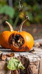 Two rotting pumpkins on a tree stump