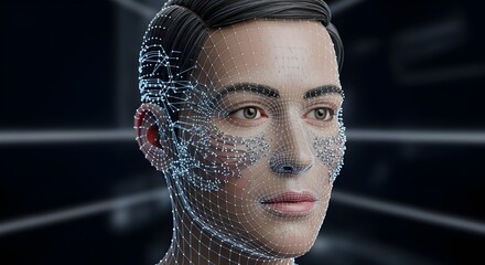 Advanced Technology Human Face with Glowing Digital Grid and AI Data
