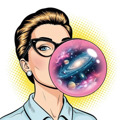Pop Art Woman Blowing Bubble with Galaxy Inside, Retro Style