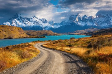 Obraz premium Route encircling Lake Pehoe Ecotourism idea Patagonia Chile Torres del Paine National Park Biosphere Reserve