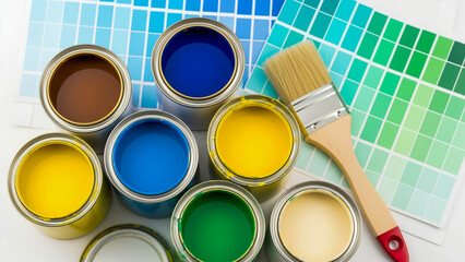 open paint cans in various colors, a paintbrush, and color swatches. The cans contain blue, yellow, green, brown, and cream-colored paint. The color swatches display gradients of blue and green hues