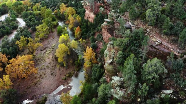 Rising drone shot of a steep cliffside covered in trees looking over Sycamore Creek in Arizona.
