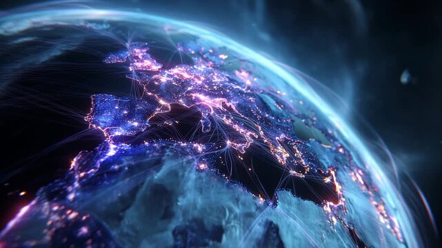 Explore the interconnectedness of cities in Europe as bright lights illuminate the landscape during night hours in high definition