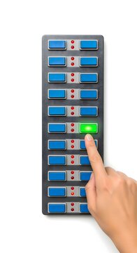 Finger pressing illuminated button on control panel representing system activation access selection interface operation technology control and user interaction with electronic equipment
