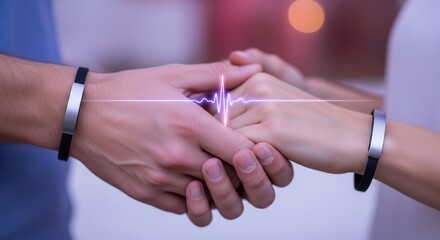 Couple holding hands with connected bracelets and heart rate monitor line