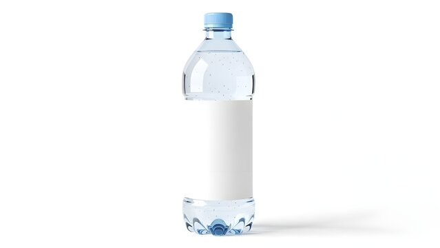 Clear plastic water bottle with blank label isolated on white