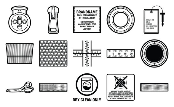 Flat Vector Garment Manufacturing and Apparel Hardware Element Kit for Technical Design Sheets