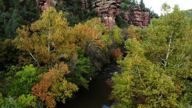 Sycamore Creek flowing through Arizona's roaming desert with trees turning orange lining its shoreline.
