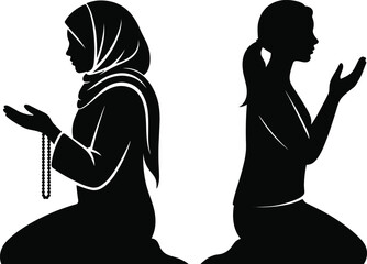 Black silhouette of two people kneeling in prayer, spiritual posture, religious devotion, peaceful meditation, Islamic and non-denominational faith concept
