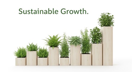 Sustainable growth concept: plants in ascending wooden pots on white background