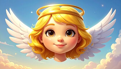 Charming Angel with Golden Halo and Wings in a Dreamy Sky.
