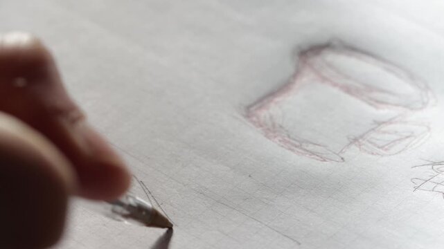 Drawing and sketching on page with black ink. Hand drawing a sketch with a pen on graph paper under direct light. Business and architectural notes