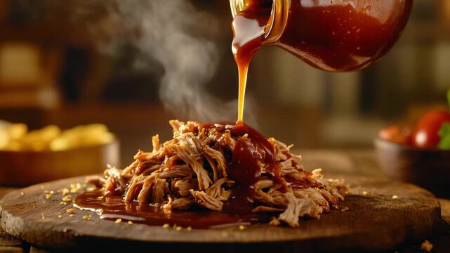 A person pours barbecue sauce over shredded pulled pork on a wooden platter at a gathering with sides in a warm setting