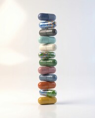 Vertical stack of colorful capsules isolated on white background pharmaceutical concept