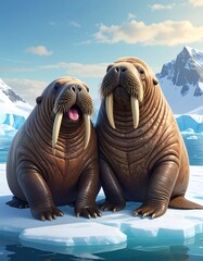 Two walruses on ice with mountains