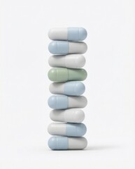 Stack of pastel capsules isolated on white background minimal pharmaceutical concept