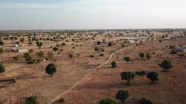 Aerial drone view of a dry savannah landscape in Northern Ghana with scattered rural village compounds, dirt paths, and shea trees during the dry season.