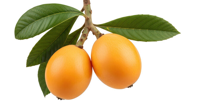 Fresh loquat fruits on a branch with vibrant green leaves against a dark background