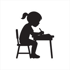  Silhouette of young girl studying at desk writing vector illustration