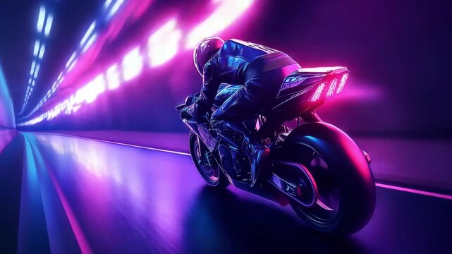 A motorcycle rider travels quickly through a brightly lit tunnel while colorful neon lights illuminate the surroundings during the night
