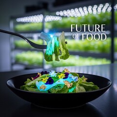 Fork Lifts Glowing Lettuce from Vertical Farm with Futuristic Lighting, Representing Innovation in Food.