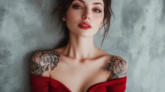 A model poses with closed eyes and a relaxed expression showcasing tattoos and attire in a studio with a gray backdrop