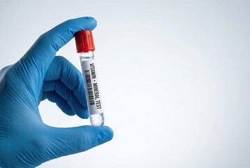 Obraz premium Gloved hand holding blood sample tube vitamin mineral test laboratory concept