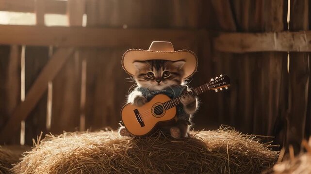 Kitten wearing a cowboy hat strums a guitar while sitting on hay bales in a barn on a sunny afternoon